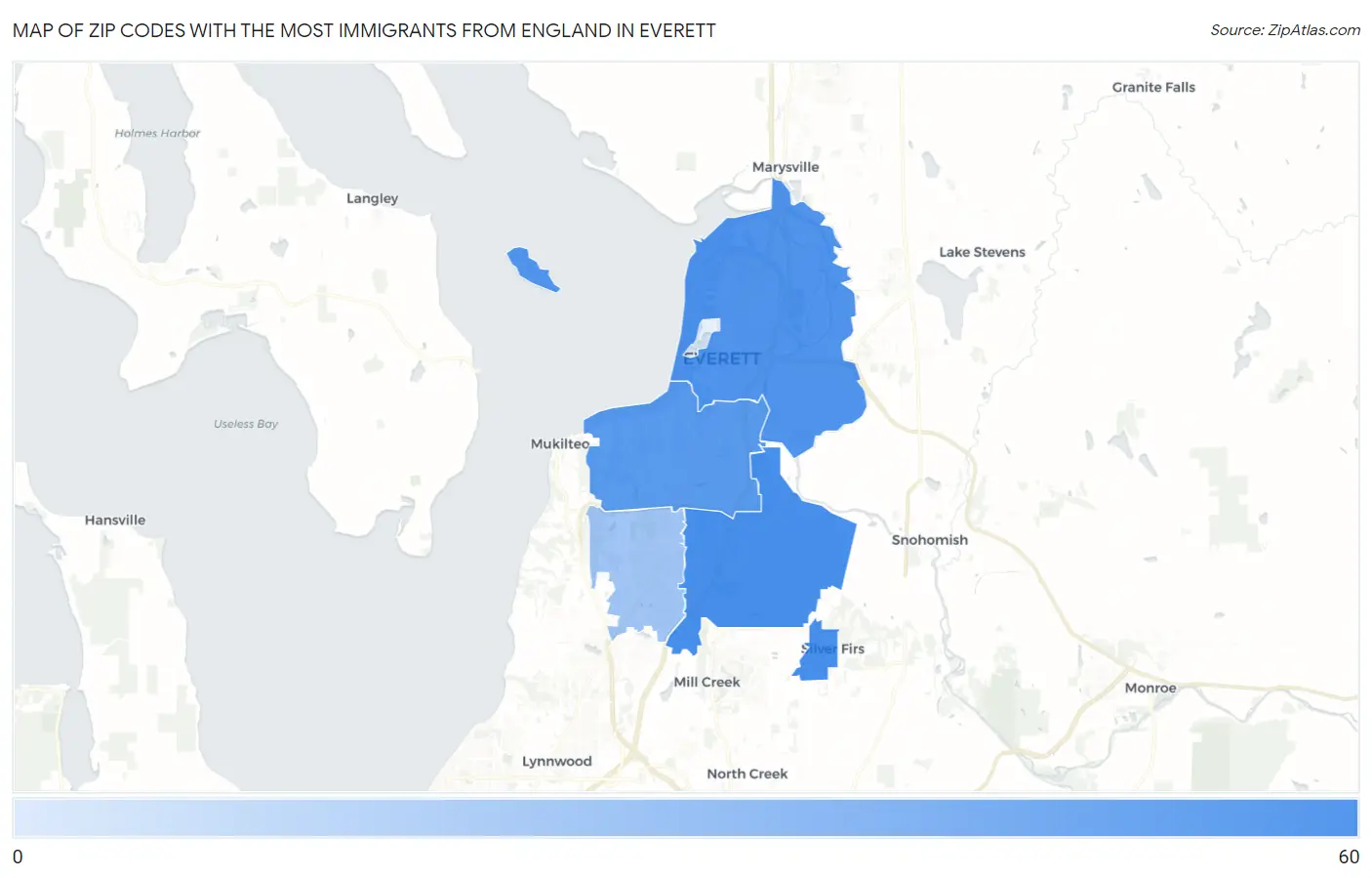 Zip Codes with the Most Immigrants from England in Everett Map