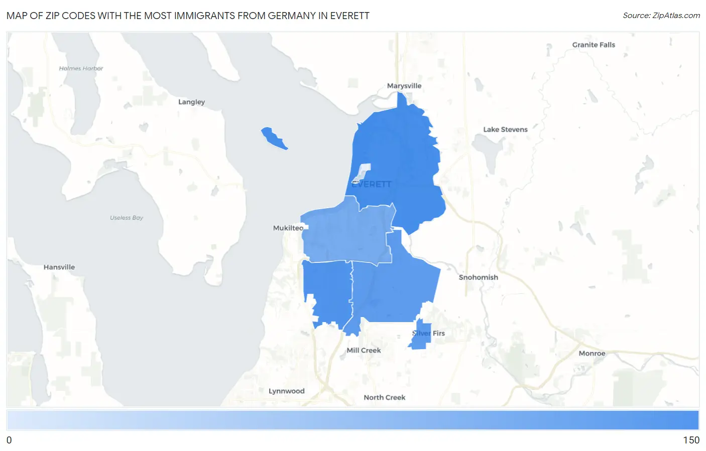 Zip Codes with the Most Immigrants from Germany in Everett Map
