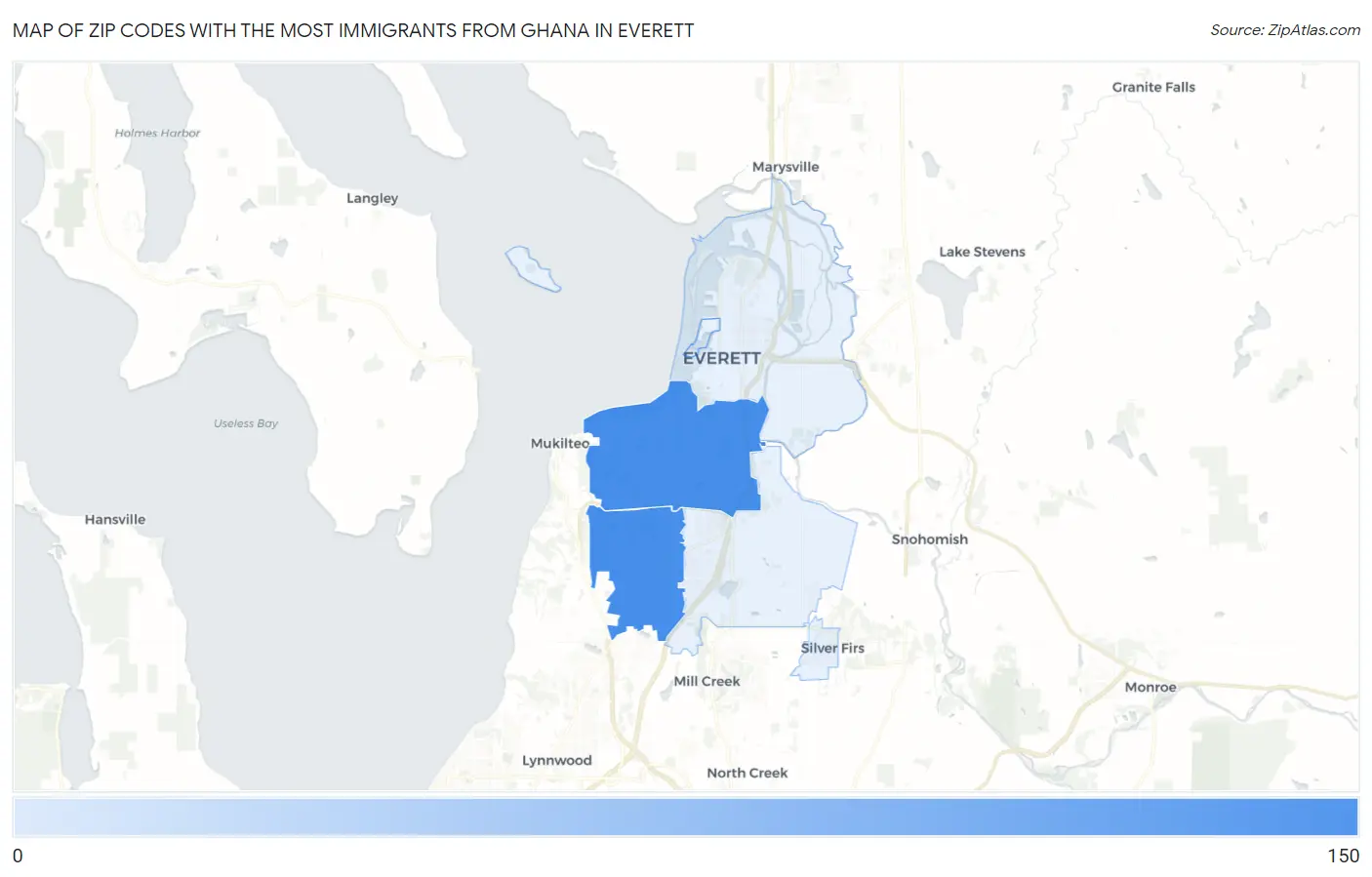 Zip Codes with the Most Immigrants from Ghana in Everett Map