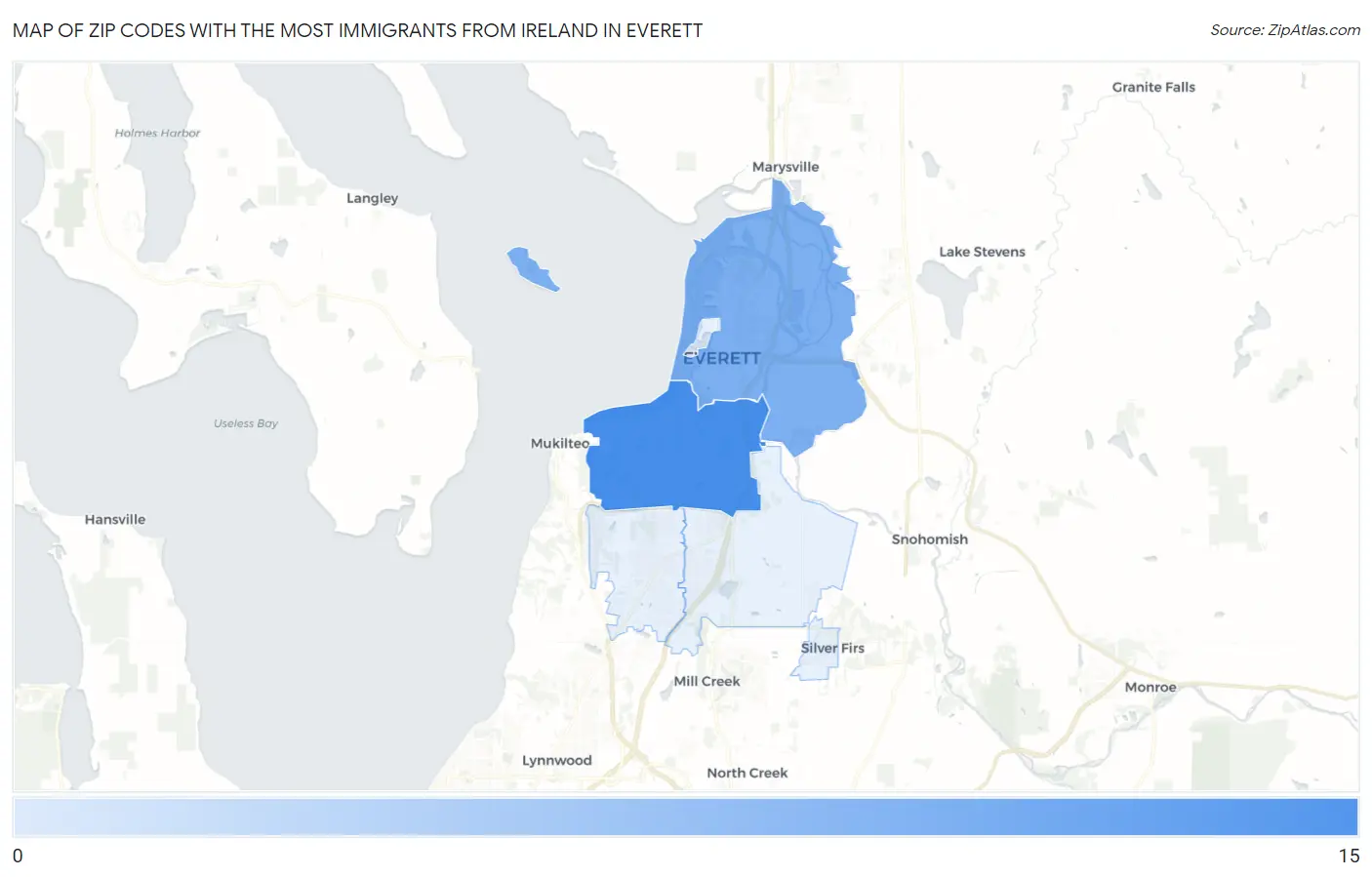 Zip Codes with the Most Immigrants from Ireland in Everett Map