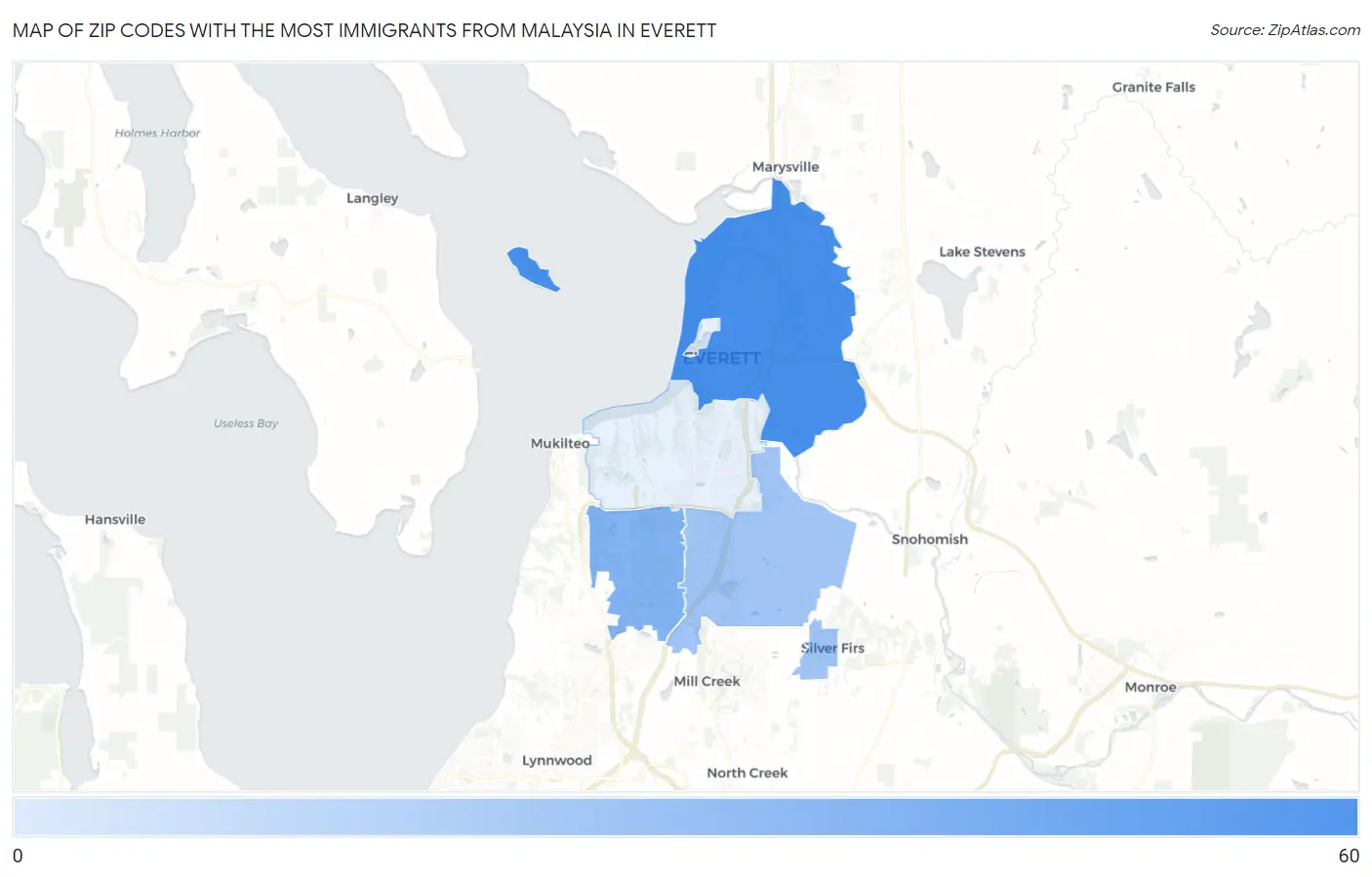 Zip Codes with the Most Immigrants from Malaysia in Everett Map