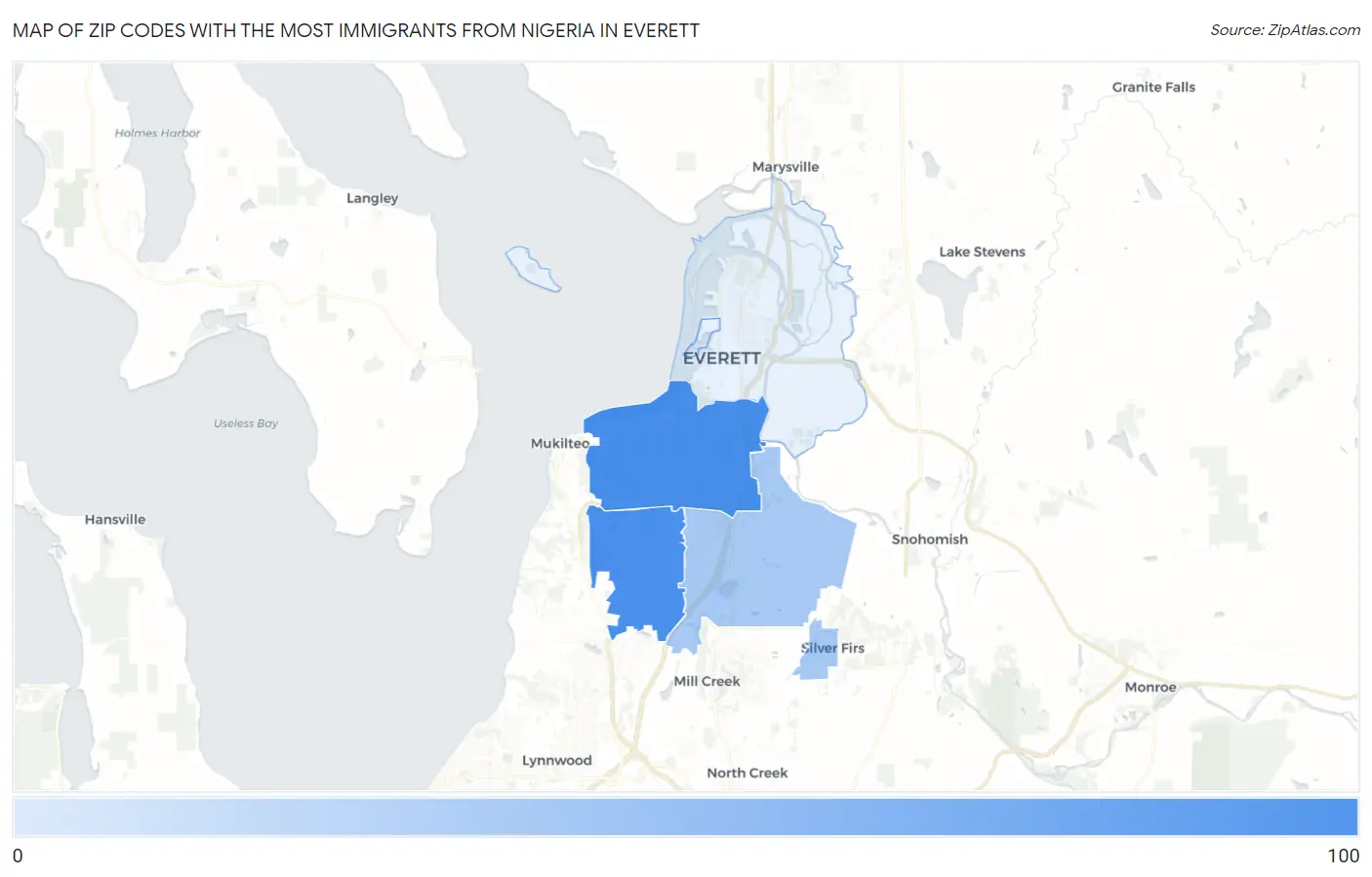 Zip Codes with the Most Immigrants from Nigeria in Everett Map