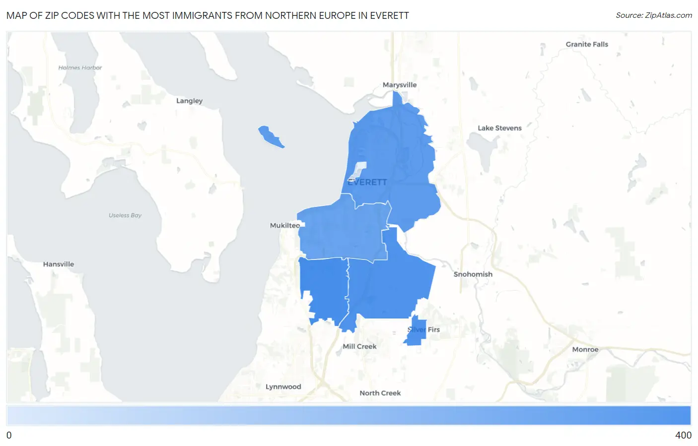 Zip Codes with the Most Immigrants from Northern Europe in Everett Map