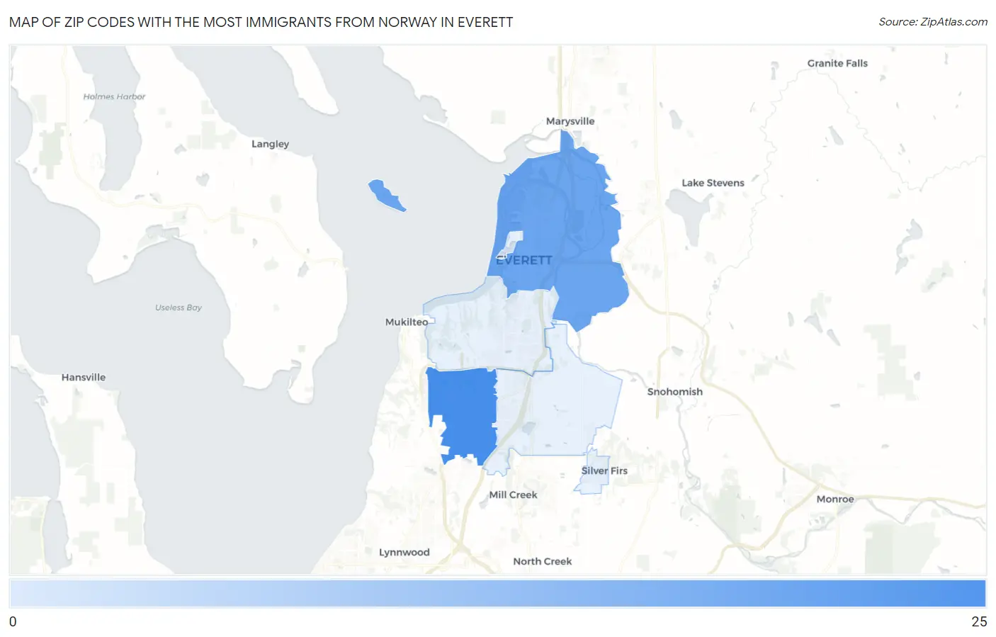 Zip Codes with the Most Immigrants from Norway in Everett Map
