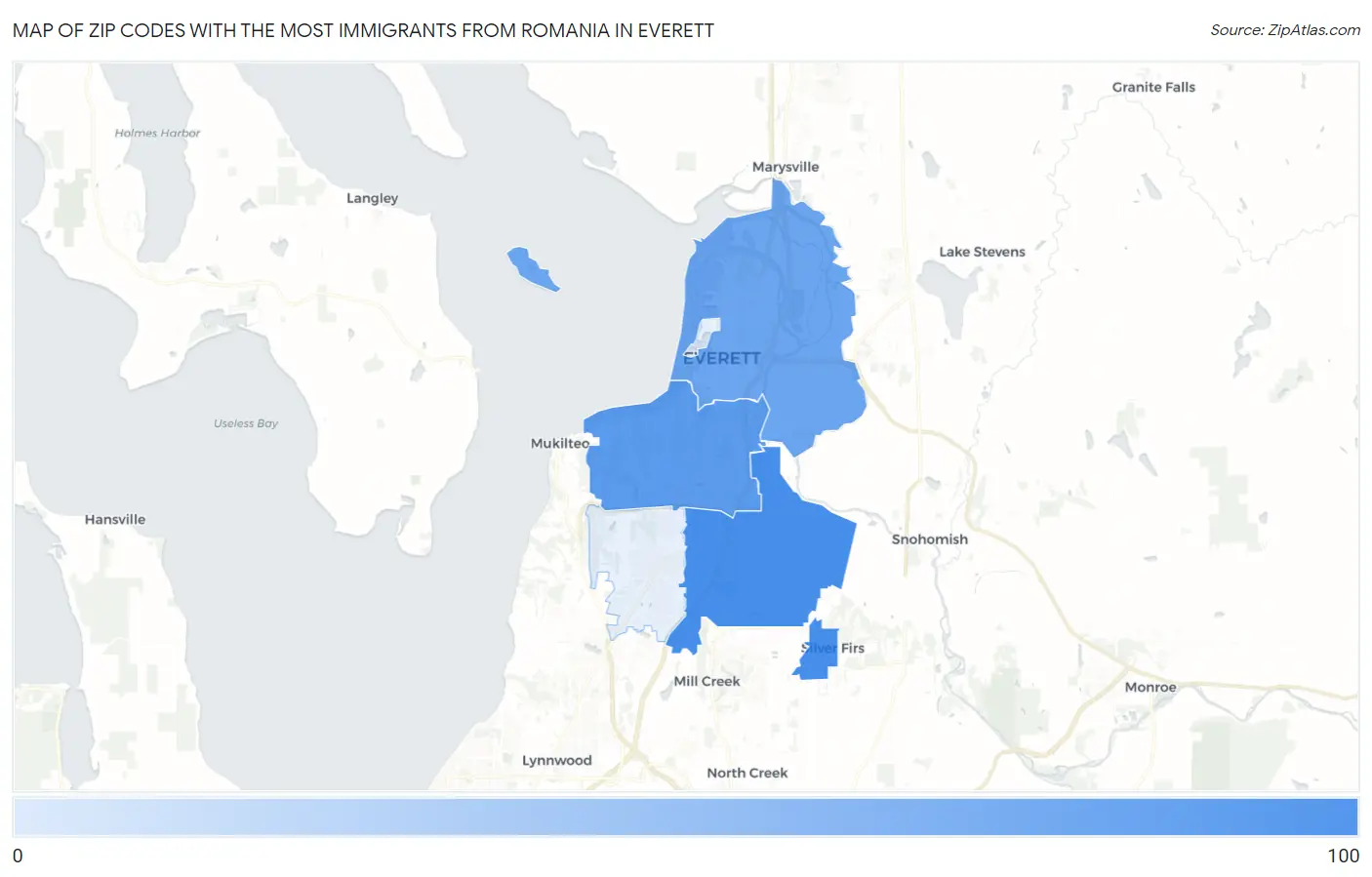 Zip Codes with the Most Immigrants from Romania in Everett Map