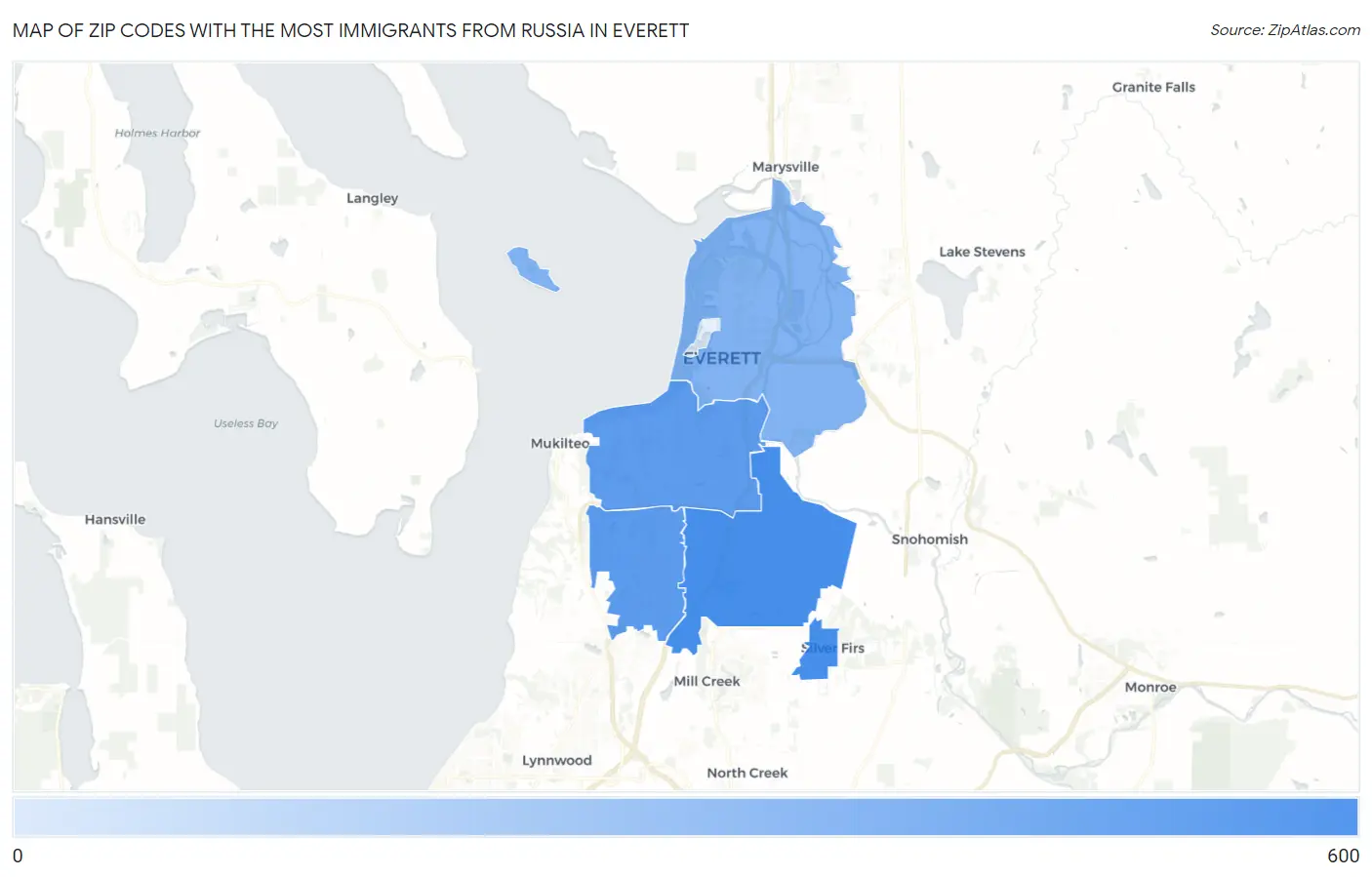 Zip Codes with the Most Immigrants from Russia in Everett Map