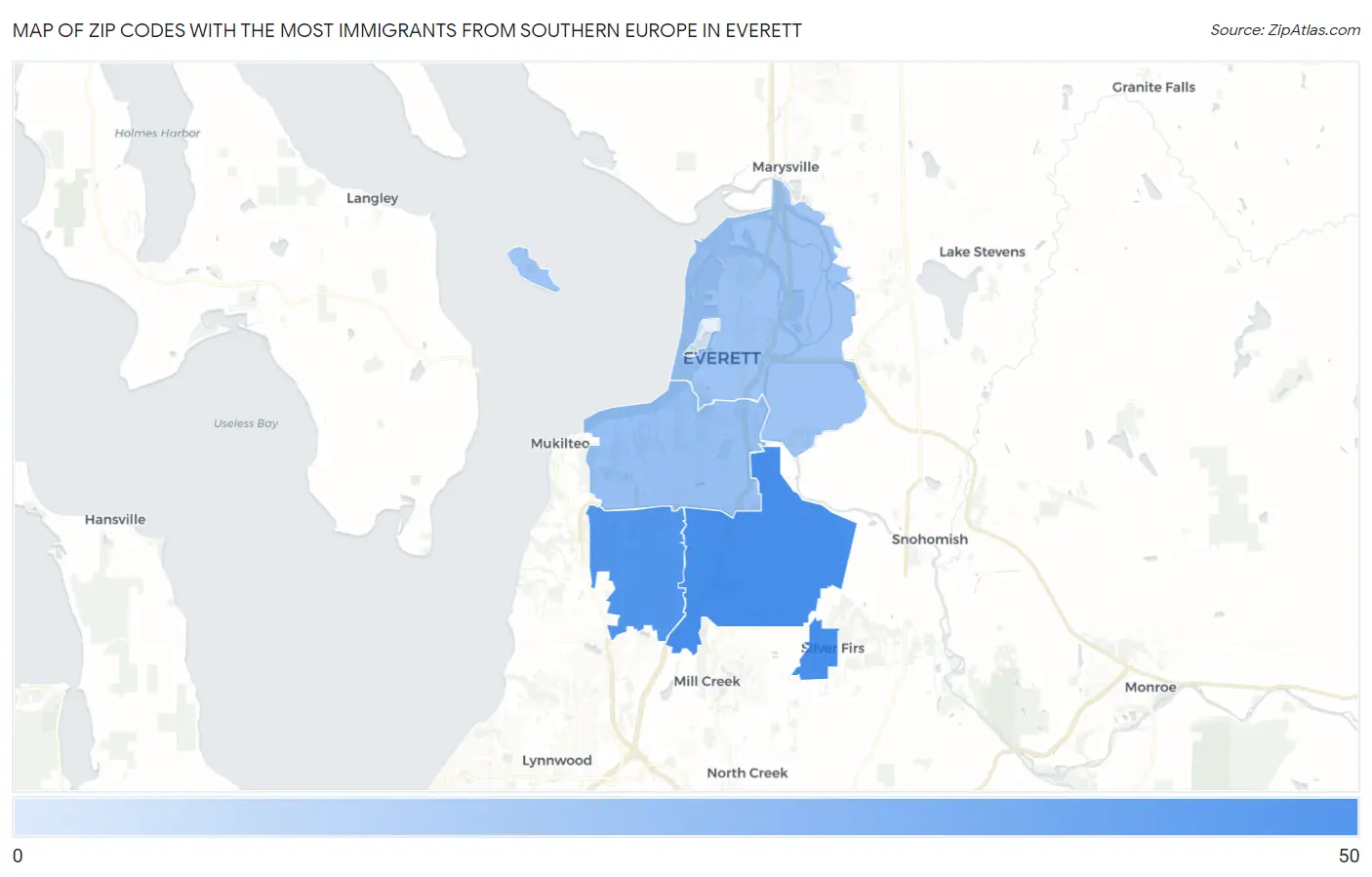 Zip Codes with the Most Immigrants from Southern Europe in Everett Map