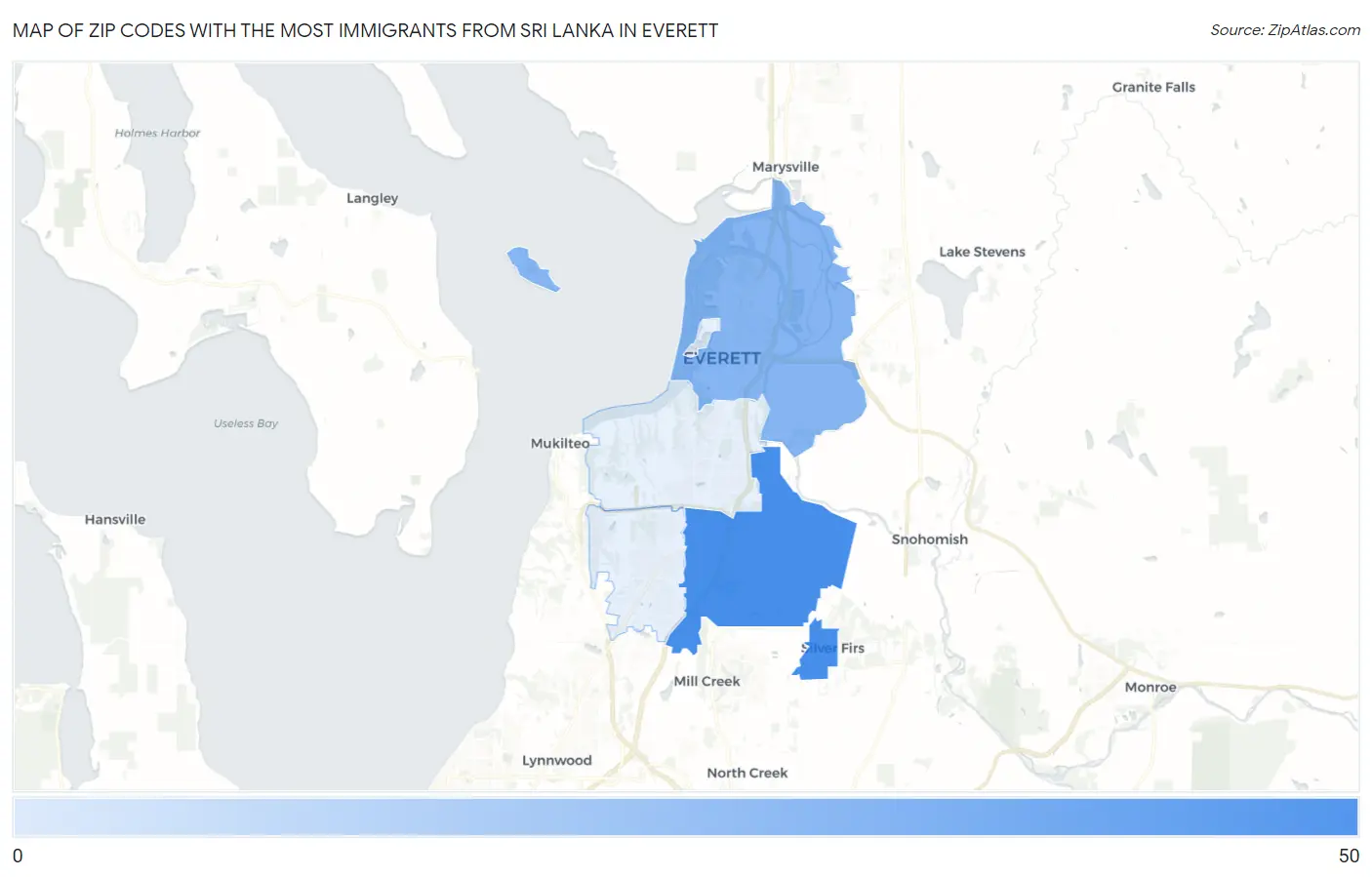 Zip Codes with the Most Immigrants from Sri Lanka in Everett Map