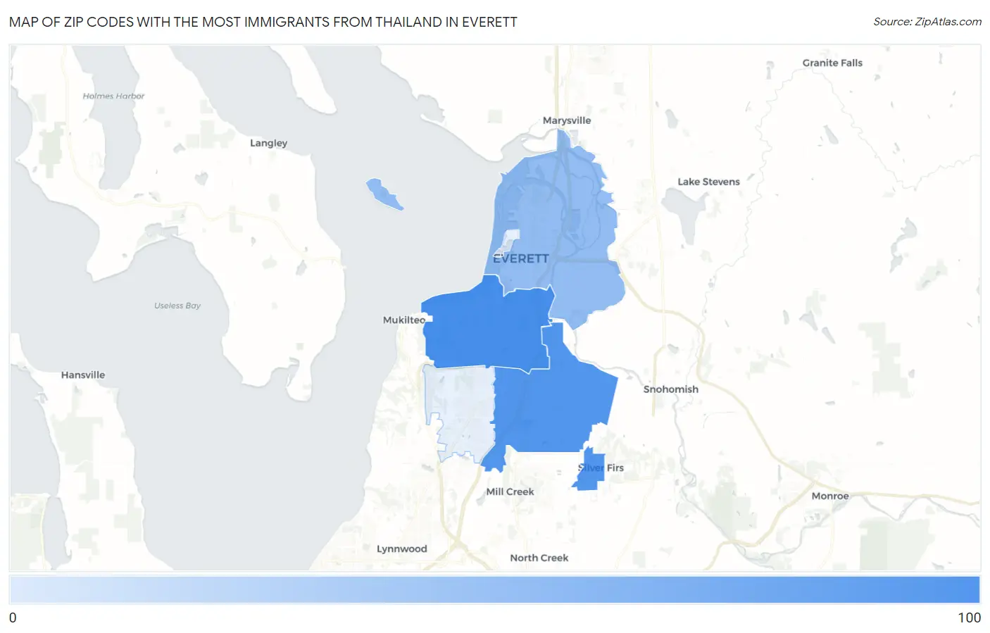 Zip Codes with the Most Immigrants from Thailand in Everett Map