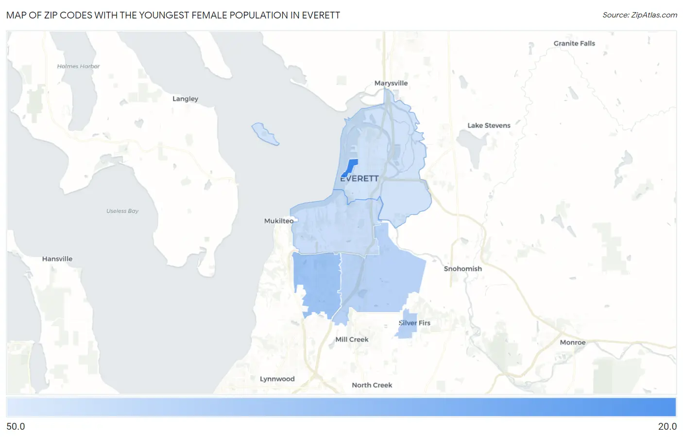 Zip Codes with the Youngest Female Population in Everett Map