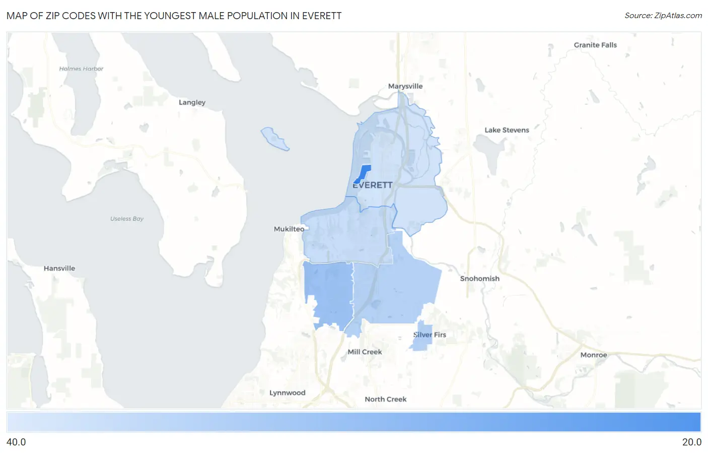 Zip Codes with the Youngest Male Population in Everett Map