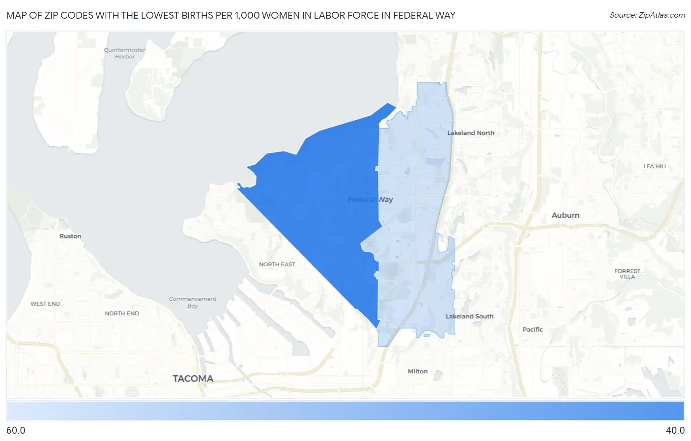 Zip Codes with the Lowest Births per 1,000 Women in Labor Force in Federal Way Map