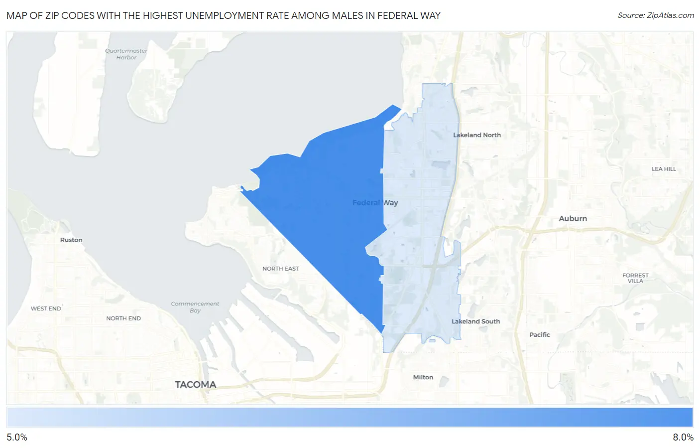 Zip Codes with the Highest Unemployment Rate Among Males in Federal Way Map