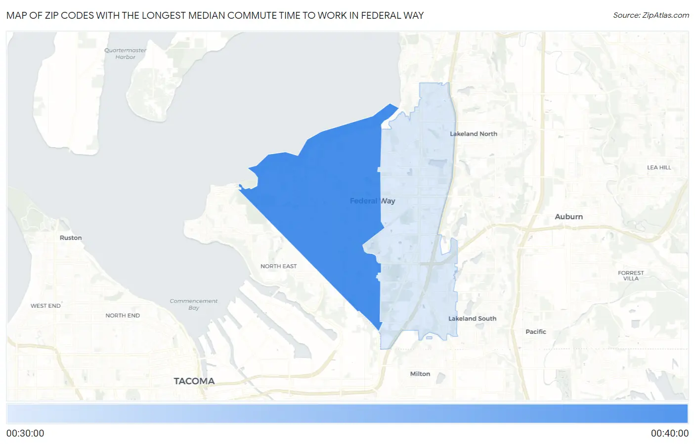 Zip Codes with the Longest Median Commute Time to Work in Federal Way Map