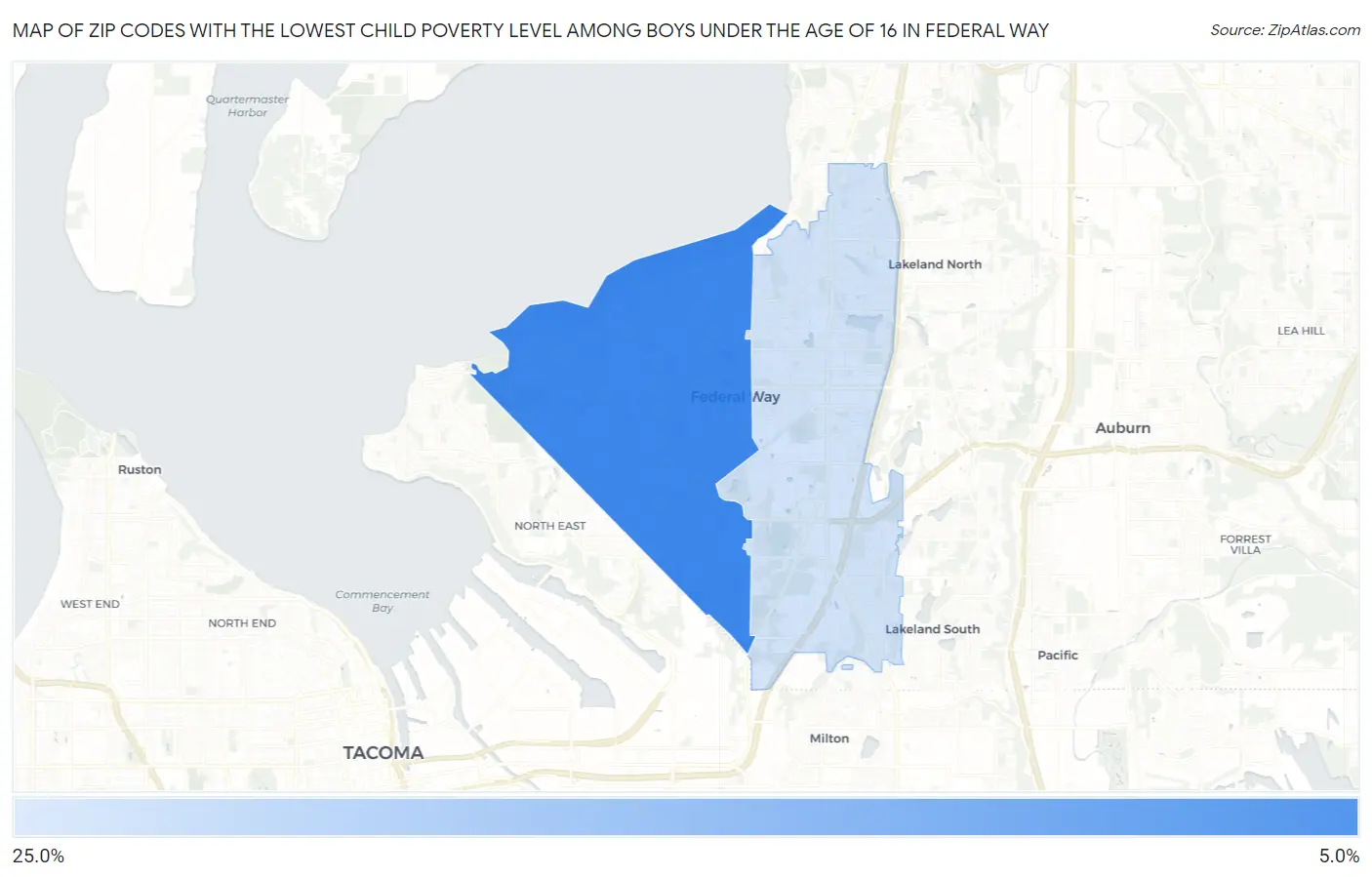 Zip Codes with the Lowest Child Poverty Level Among Boys Under the Age of 16 in Federal Way Map