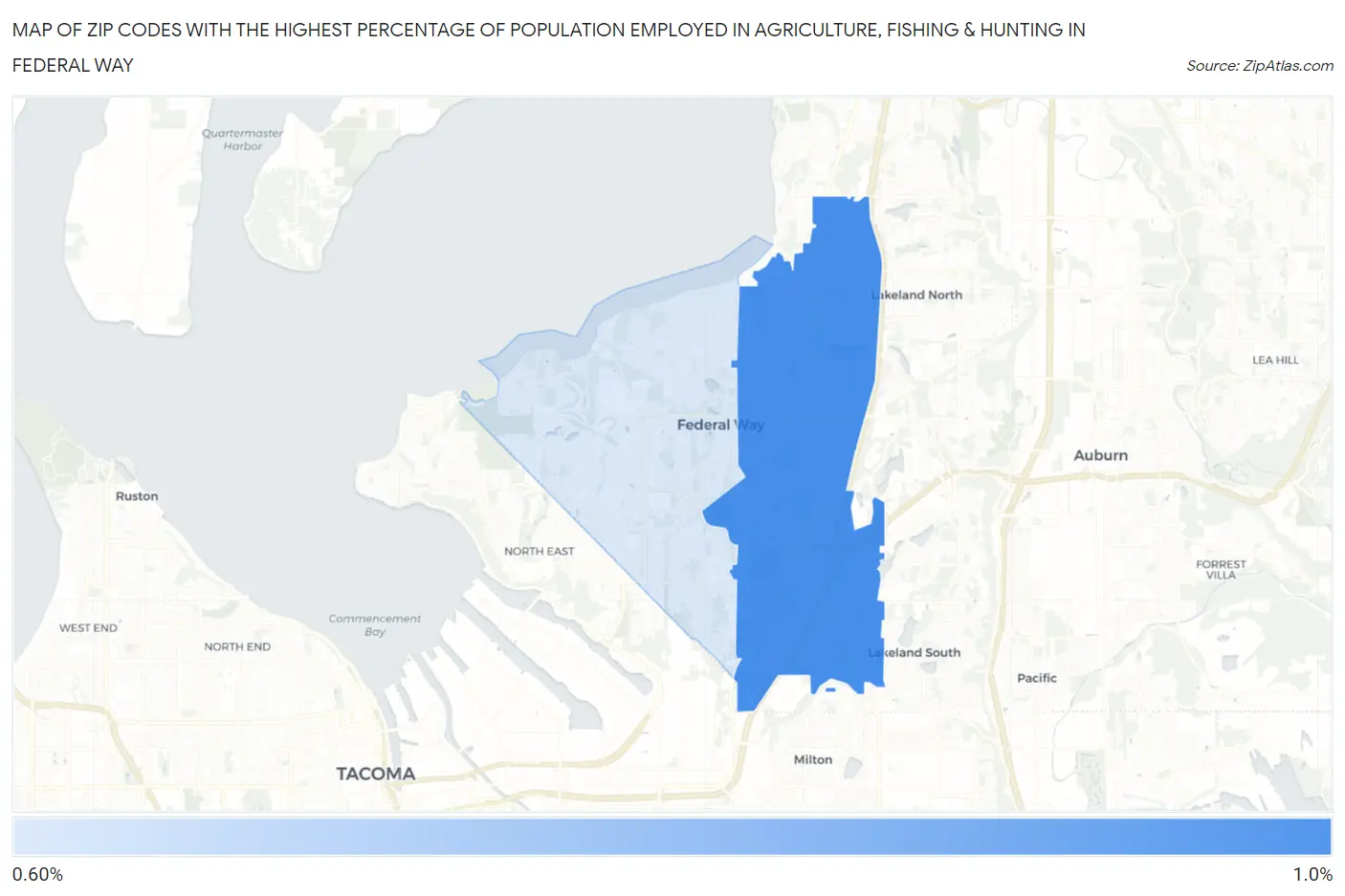 Zip Codes with the Highest Percentage of Population Employed in Agriculture, Fishing & Hunting in Federal Way Map