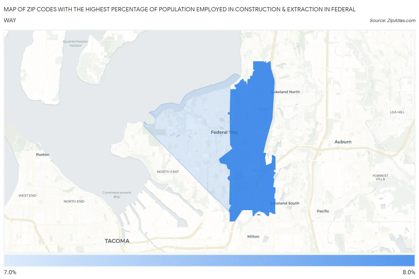 Zip Codes with the Highest Percentage of Population Employed in Construction & Extraction in Federal Way Map