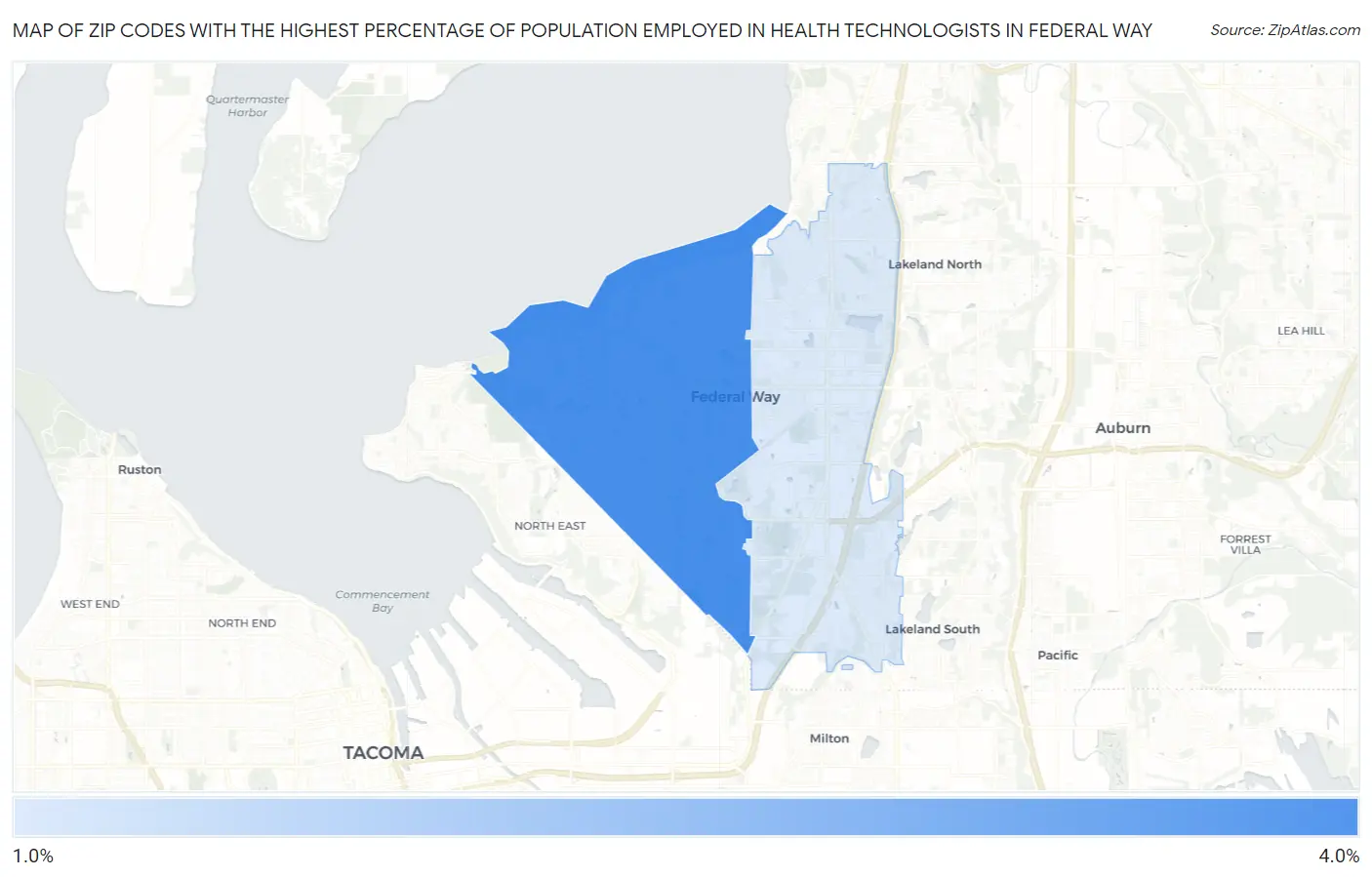 Zip Codes with the Highest Percentage of Population Employed in Health Technologists in Federal Way Map