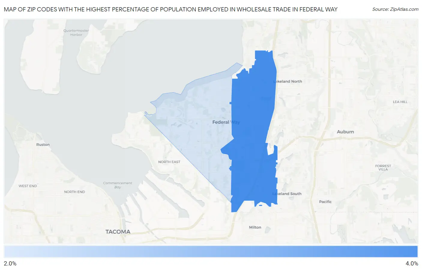 Zip Codes with the Highest Percentage of Population Employed in Wholesale Trade in Federal Way Map