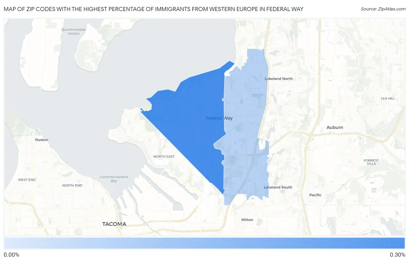 Zip Codes with the Highest Percentage of Immigrants from Western Europe in Federal Way Map