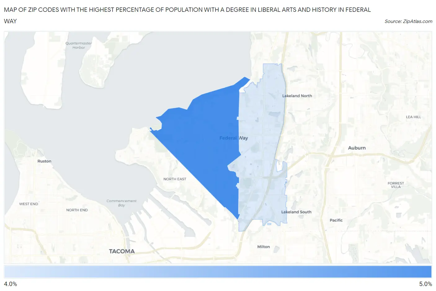 Zip Codes with the Highest Percentage of Population with a Degree in Liberal Arts and History in Federal Way Map