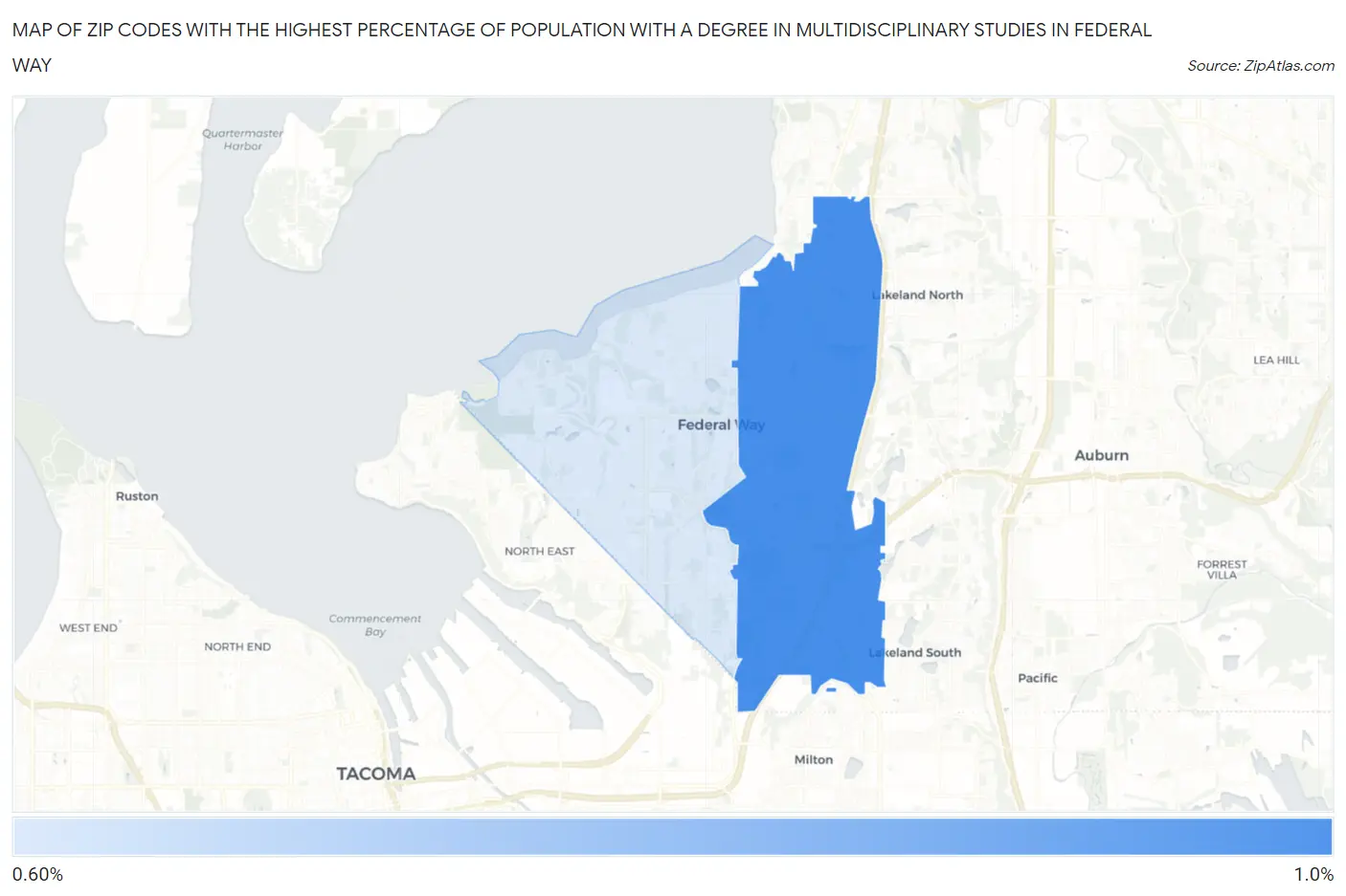 Zip Codes with the Highest Percentage of Population with a Degree in Multidisciplinary Studies in Federal Way Map