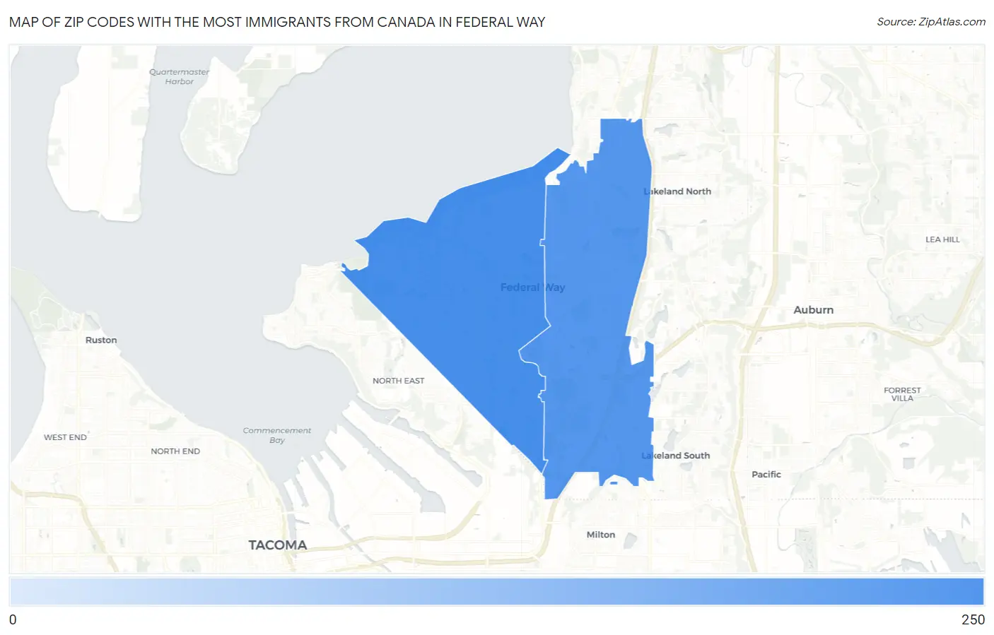 Zip Codes with the Most Immigrants from Canada in Federal Way Map