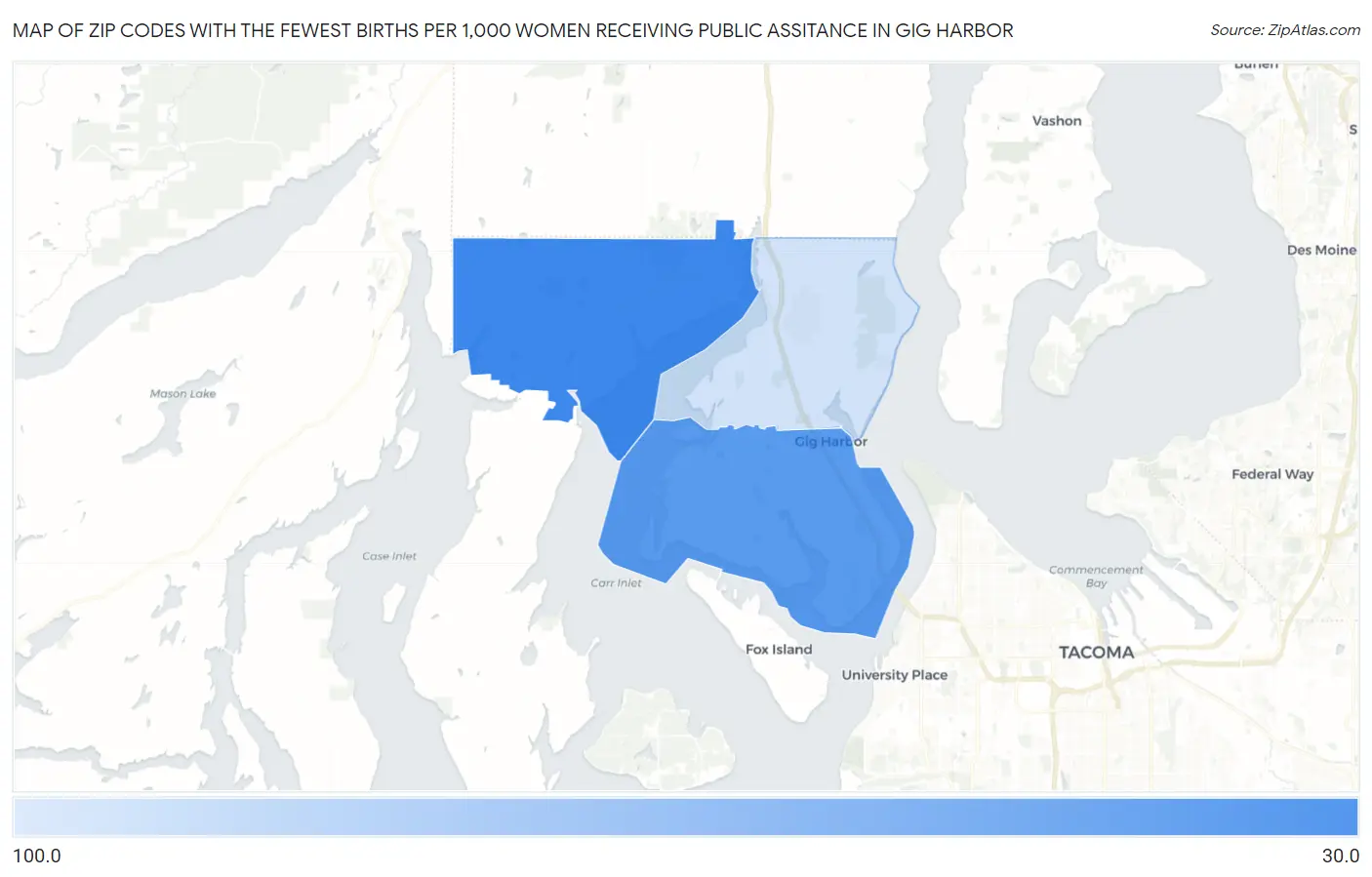 Zip Codes with the Fewest Births per 1,000 Women Receiving Public Assitance in Gig Harbor Map