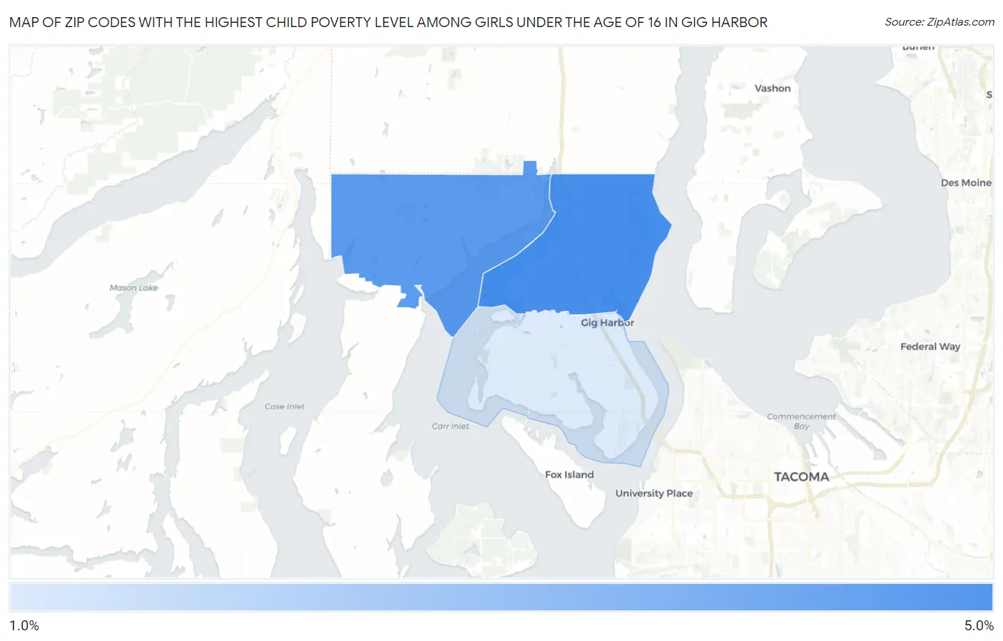Zip Codes with the Highest Child Poverty Level Among Girls Under the Age of 16 in Gig Harbor Map