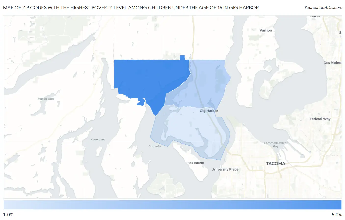Zip Codes with the Highest Poverty Level Among Children Under the Age of 16 in Gig Harbor Map