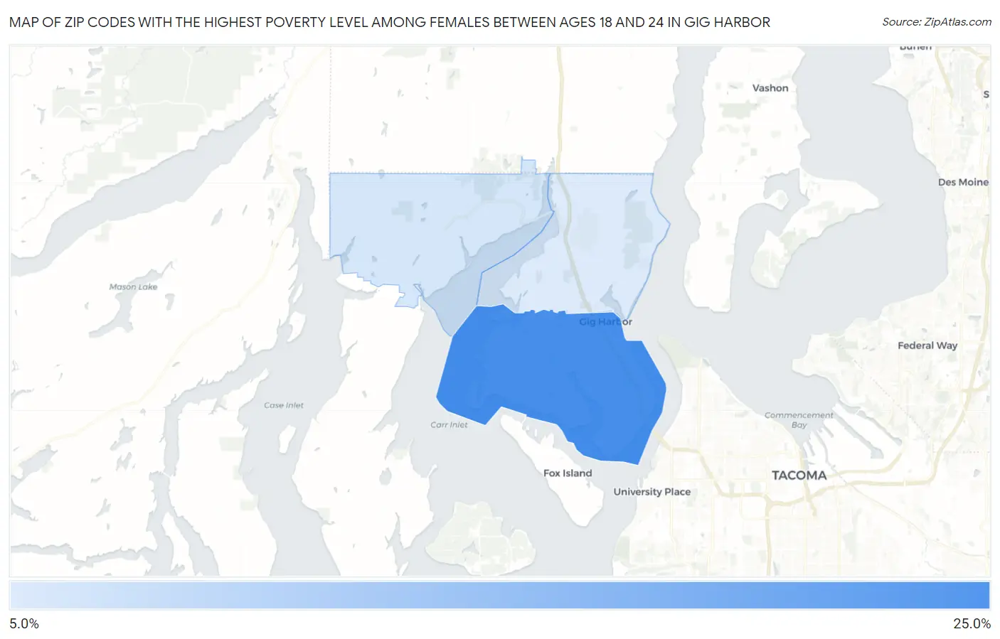 Zip Codes with the Highest Poverty Level Among Females Between Ages 18 and 24 in Gig Harbor Map