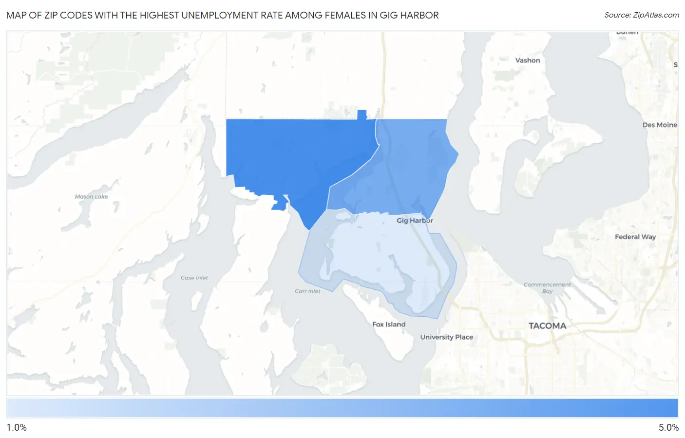 Zip Codes with the Highest Unemployment Rate Among Females in Gig Harbor Map