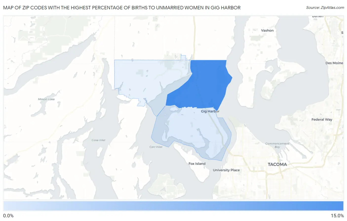 Zip Codes with the Highest Percentage of Births to Unmarried Women in Gig Harbor Map