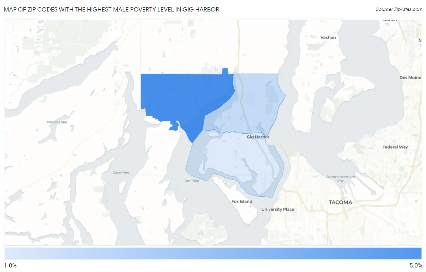 Zip Codes with the Highest Male Poverty Level in Gig Harbor Map