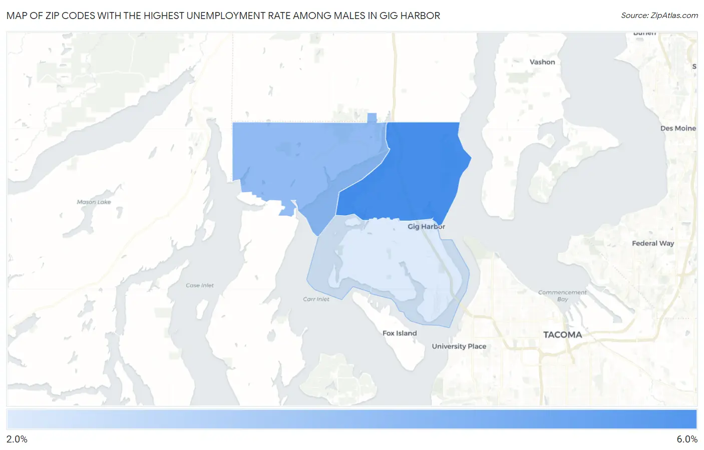 Zip Codes with the Highest Unemployment Rate Among Males in Gig Harbor Map