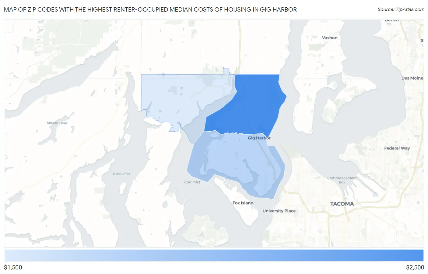Zip Codes with the Highest Renter-Occupied Median Costs of Housing in Gig Harbor Map