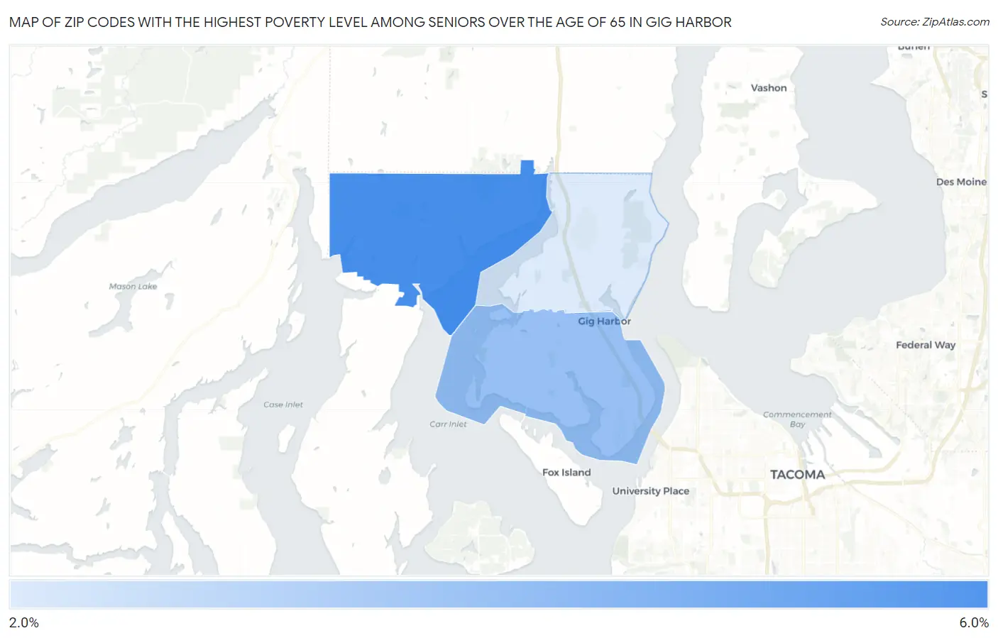 Zip Codes with the Highest Poverty Level Among Seniors Over the Age of 65 in Gig Harbor Map