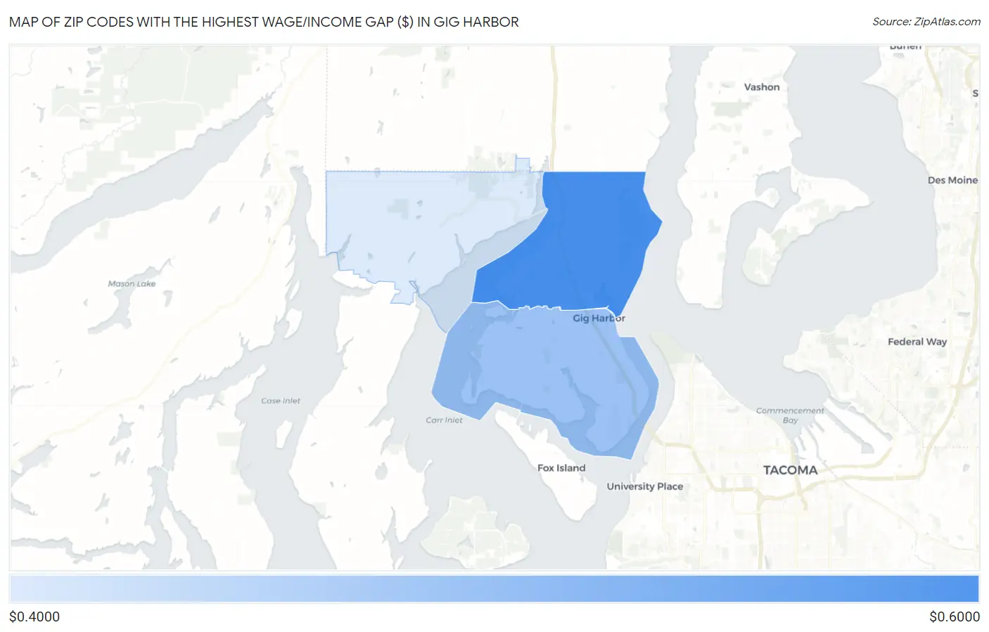 Zip Codes with the Highest Wage/Income Gap ($) in Gig Harbor Map
