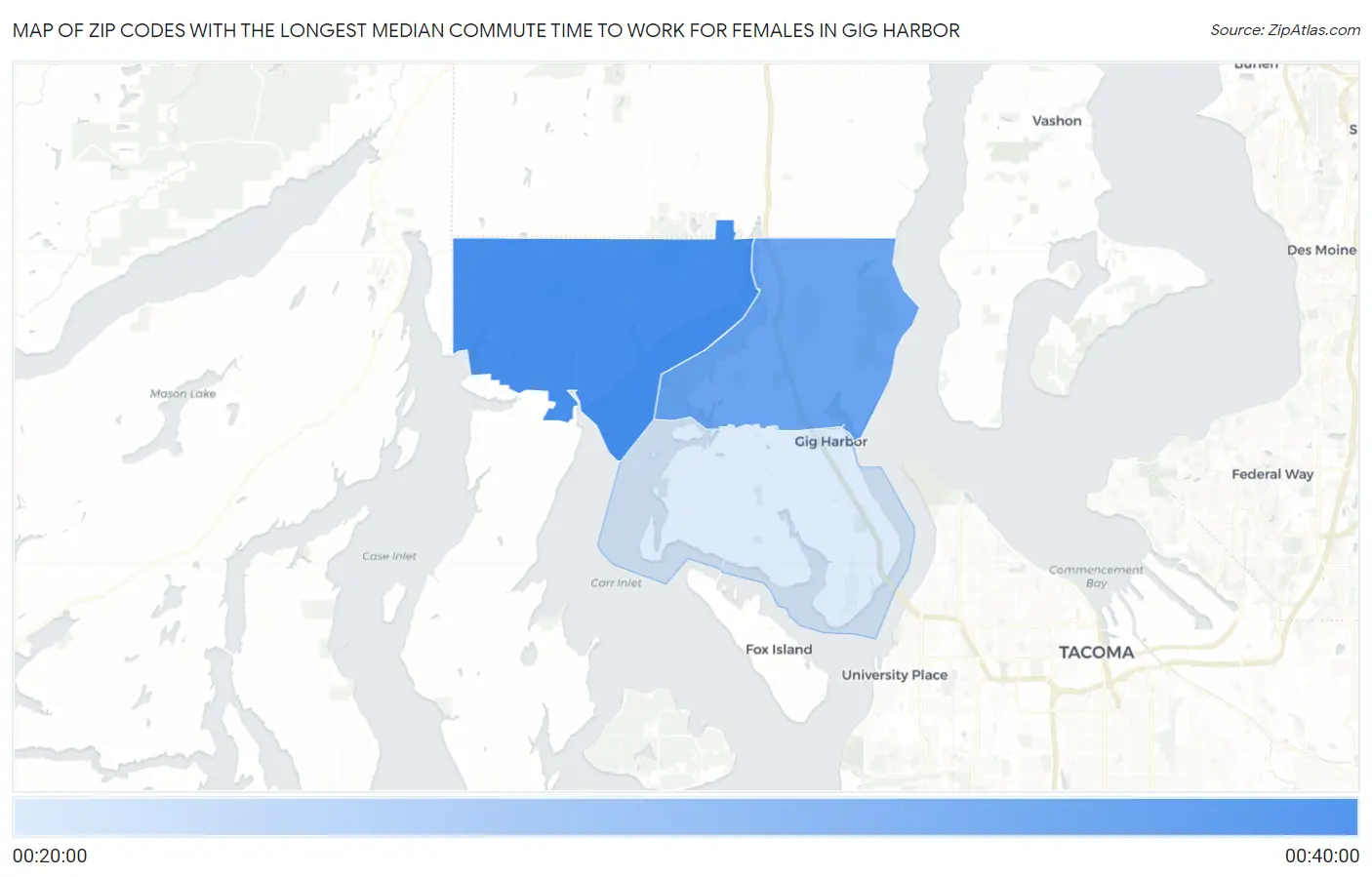 Zip Codes with the Longest Median Commute Time to Work for Females in Gig Harbor Map