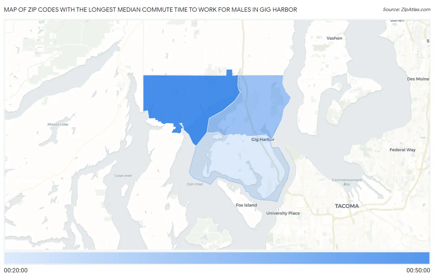Zip Codes with the Longest Median Commute Time to Work for Males in Gig Harbor Map
