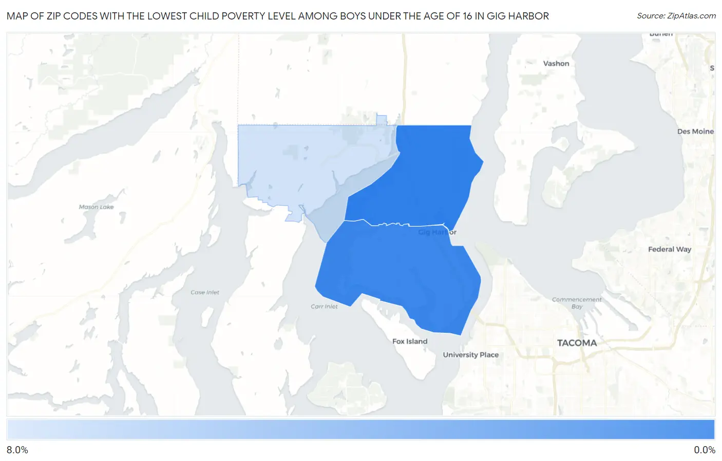 Zip Codes with the Lowest Child Poverty Level Among Boys Under the Age of 16 in Gig Harbor Map