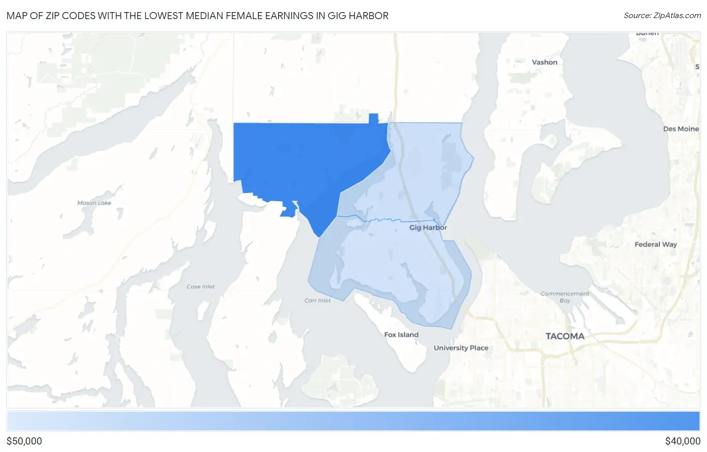 Zip Codes with the Lowest Median Female Earnings in Gig Harbor Map