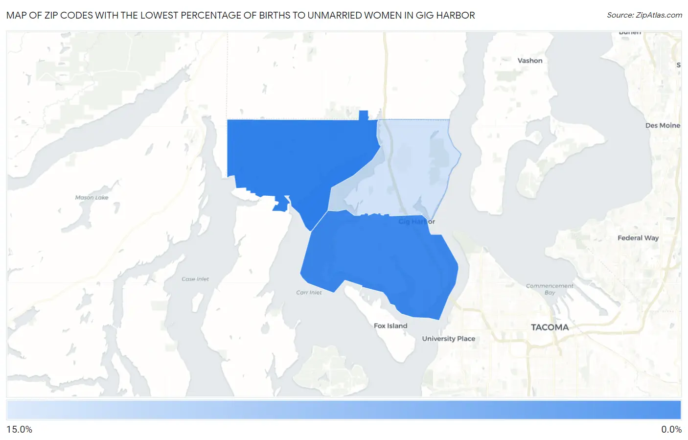 Zip Codes with the Lowest Percentage of Births to Unmarried Women in Gig Harbor Map