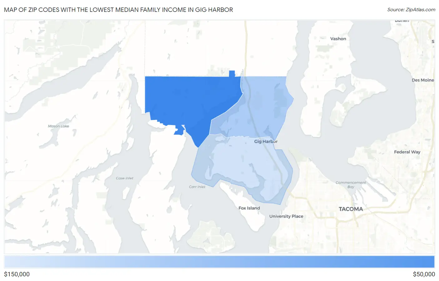 Zip Codes with the Lowest Median Family Income in Gig Harbor Map