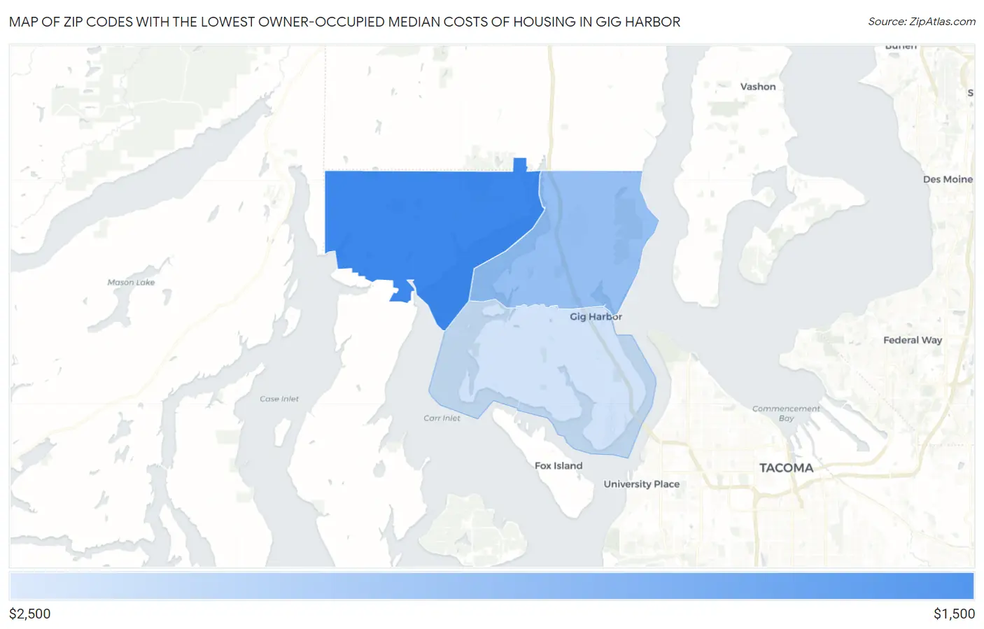 Zip Codes with the Lowest Owner-Occupied Median Costs of Housing in Gig Harbor Map