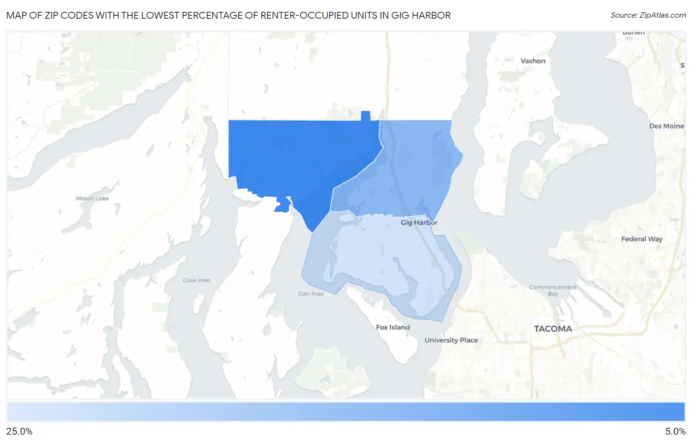 Zip Codes with the Lowest Percentage of Renter-Occupied Units in Gig Harbor Map