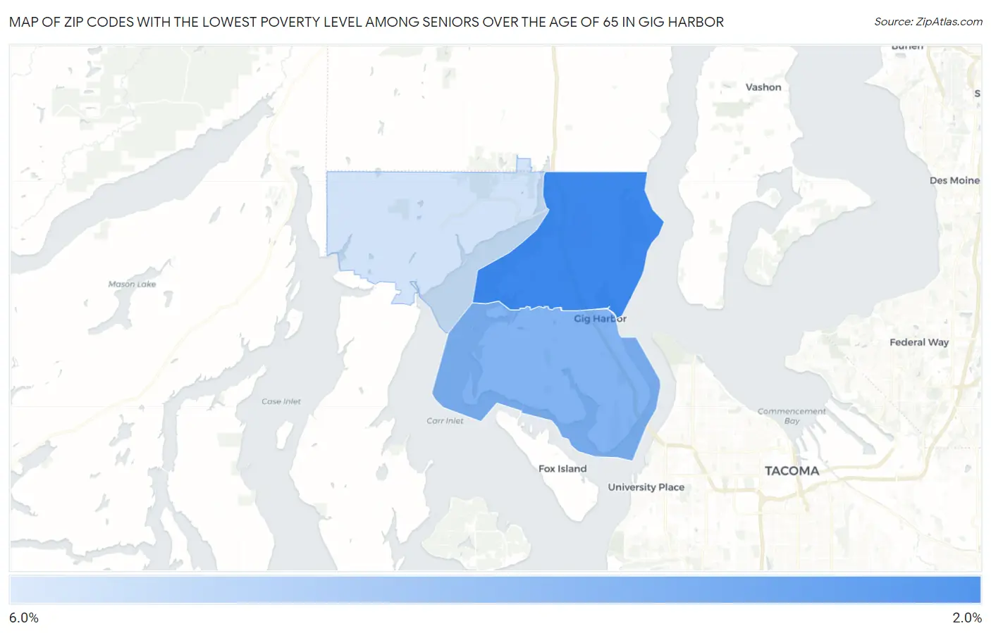 Zip Codes with the Lowest Poverty Level Among Seniors Over the Age of 65 in Gig Harbor Map