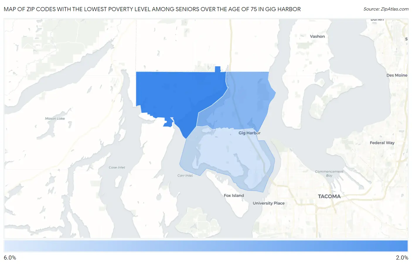 Zip Codes with the Lowest Poverty Level Among Seniors Over the Age of 75 in Gig Harbor Map