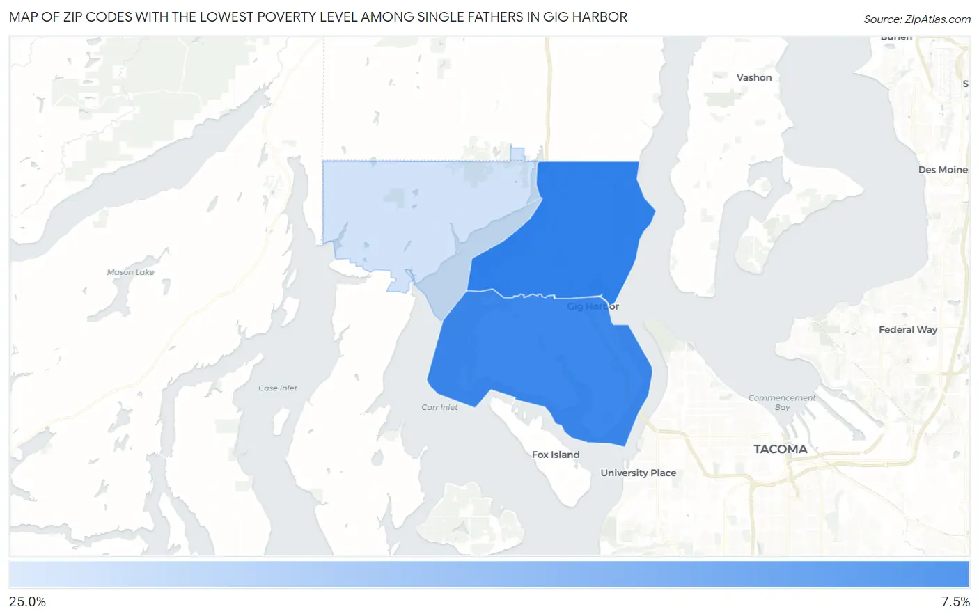 Zip Codes with the Lowest Poverty Level Among Single Fathers in Gig Harbor Map