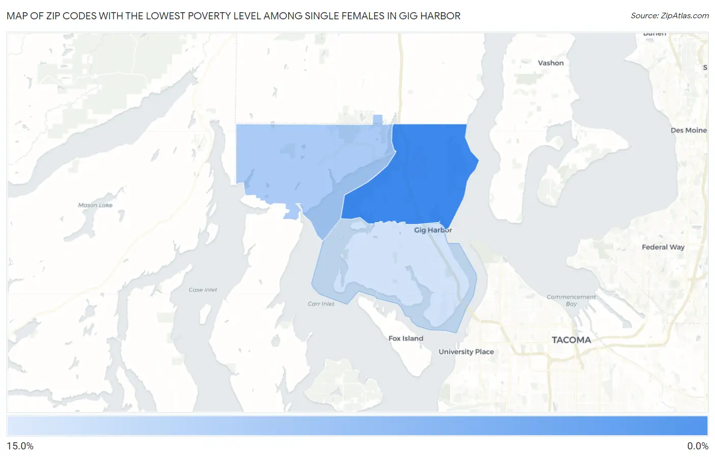 Zip Codes with the Lowest Poverty Level Among Single Females in Gig Harbor Map